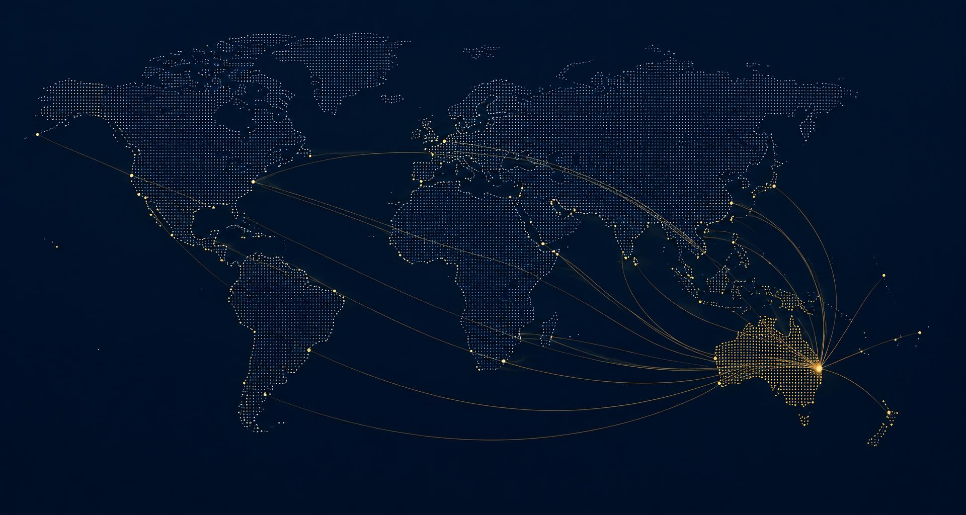 World map with freight routes converging on Australia
